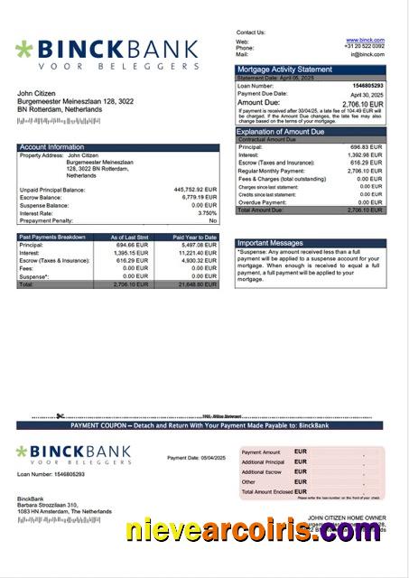 Netherlands BinckBank mortgage statement Word and PDF template